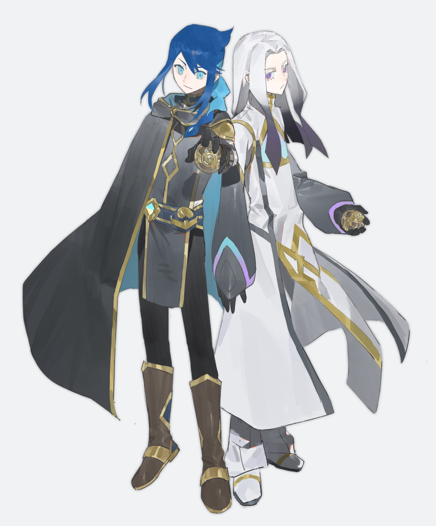 2boys absurdres aqua_eyes black_gloves black_pants blue_hair boots brown_footwear cape closed_mouth coat gibeon_(pokemon) gloves hazel_maier highres holding long_hair lucius_(pokemon) male_focus multiple_boys pants pokemon pokemon_(anime) pokemon_horizons shoes sidelocks standing violet_eyes white_background white_hair