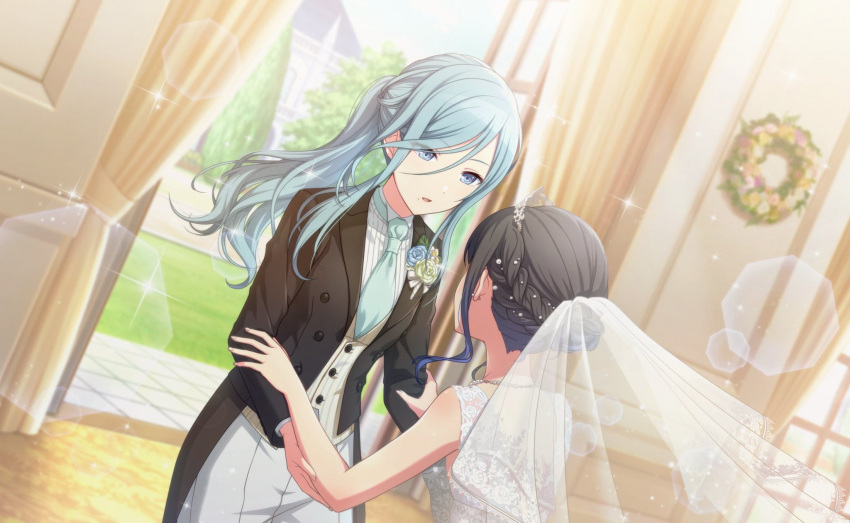 2girls aozora_ni_negau_your_happiness!_(project_sekai) aqua_eyes aqua_hair aqua_necktie black_hair black_jacket blue_flower blue_hair blue_rose blurry blurry_background braid bridal_veil building buttons christmas_wreath collared_shirt colorful_palette corsage cowboy_shot crossdressing dark_blue_hair day door double-breasted dress dress_shirt dutch_angle flower gradient_hair hair_between_eyes hands_on_another's_arms highres hinomori_shizuku indoors jacket lapels lawn long_hair long_sleeves multicolored_hair multiple_girls muntins necktie octagon official_alternate_costume official_alternate_hairstyle official_art open_clothes open_door open_jacket pants peaked_lapels pinstripe_pattern pinstripe_shirt project_sekai rose shiraishi_an shirt sleeveless sleeveless_dress sparkle suit suit_jacket third-party_source tree tuxedo unbuttoned veil vest waistcoat wedding_dress white_dress white_pants white_shirt window wing_collar wreath yellow_vest yuri