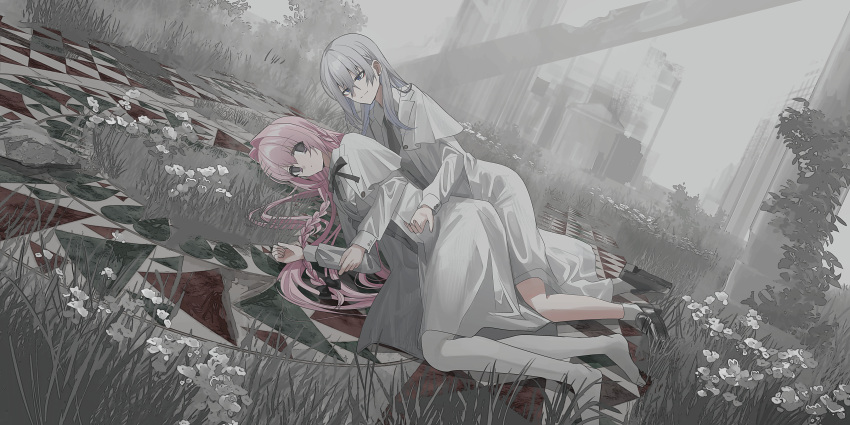 2girls absurdres black_bow black_footwear blue_eyes bow braid chihuri closed_mouth collared_shirt commentary_request dress_shirt ende_(chihuri) flower grey_hair grey_vest hair_between_eyes hair_bow highres jacket loafers long_hair lying multiple_girls nea_(chihuri) no_shoes on_grass on_side open_clothes open_jacket original outdoors pantyhose pink_hair shirt shoes smile socks very_long_hair vest violet_eyes white_flower white_jacket white_pantyhose white_shirt white_socks