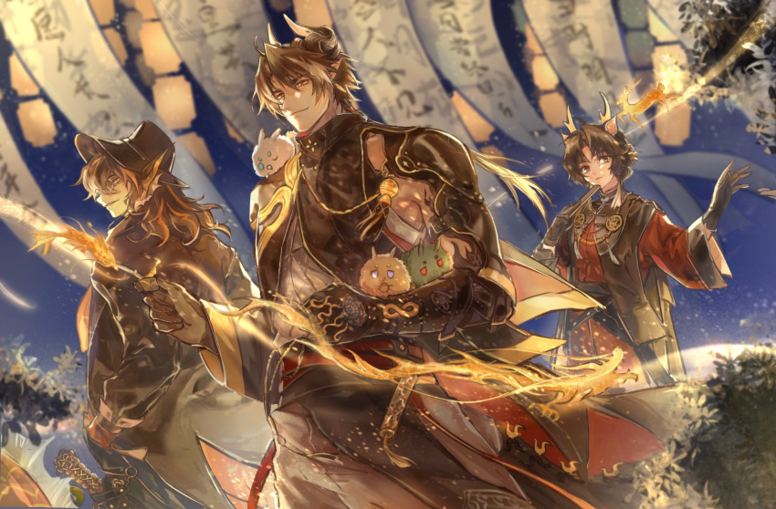 1girl 2boys animal_ears antlers arknights armor brown_hair chinese_commentary chong_yue_(arknights) closed_mouth coat commentary_request cowboy_shot deer_ears deer_girl dragon_boy dragon_horns dragon_tail earrings furry furry_male glasses hand_fan hands_up highres horns jewelry lee_(arknights) long_hair looking_at_viewer low_ponytail multicolored_hair multiple_boys night night_sky ning_ciqiu_(arknights) outdoors paper_fan pauldrons pointy_ears red_eyes rerebrace shoulder_armor single_pauldron single_sleeve sky smile streaked_hair tail wide_sleeves zzhin3