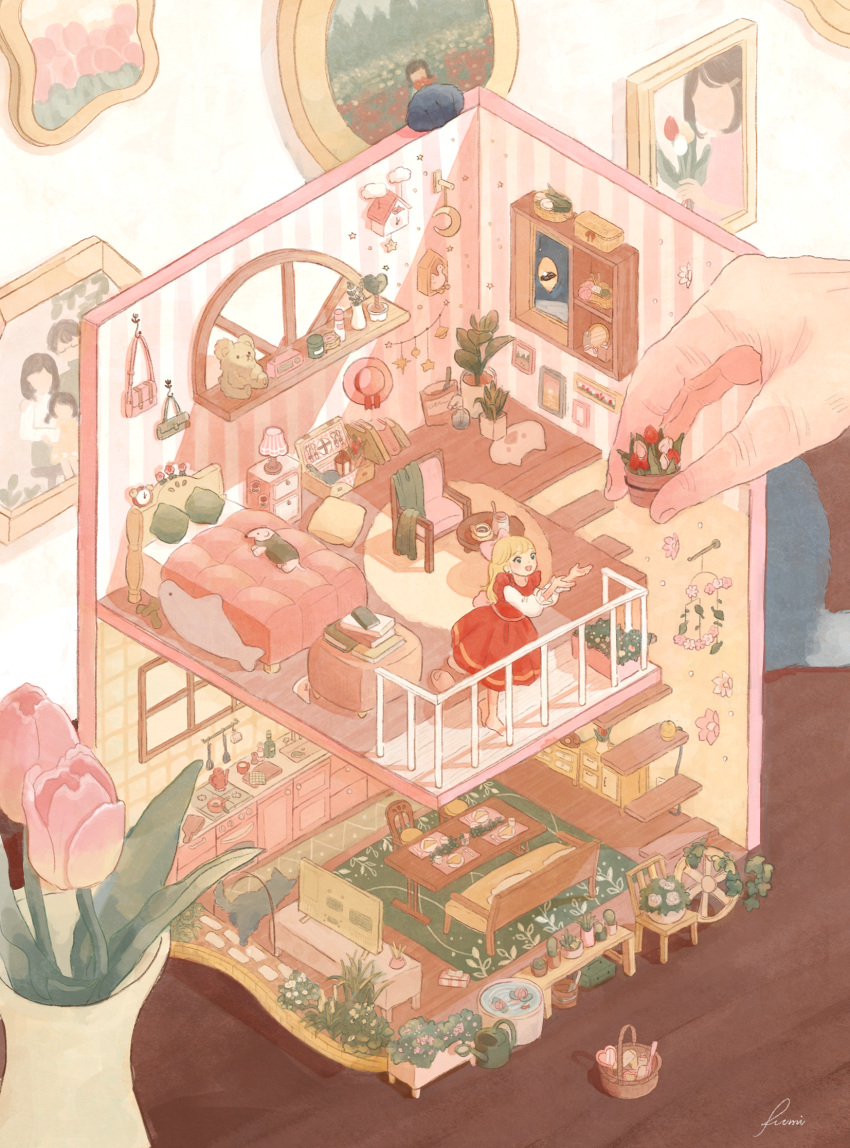 1girl :d barefoot basket bed bedroom blonde_hair book bow cat chair clock commentary_request crescent doll_house dress flower flower_pot fumi_futamori heart highres indoors kitchen long_sleeves mini_person minigirl original picture_frame pink_bow pink_flower plant potted_plant railing reaching reaching_towards_another red_dress red_flower rug scenery shelf signature smile stairs star_(symbol) stove stuffed_animal stuffed_toy table teddy_bear television tulip watering_can wheel white_flower wide_shot window yarn yarn_ball