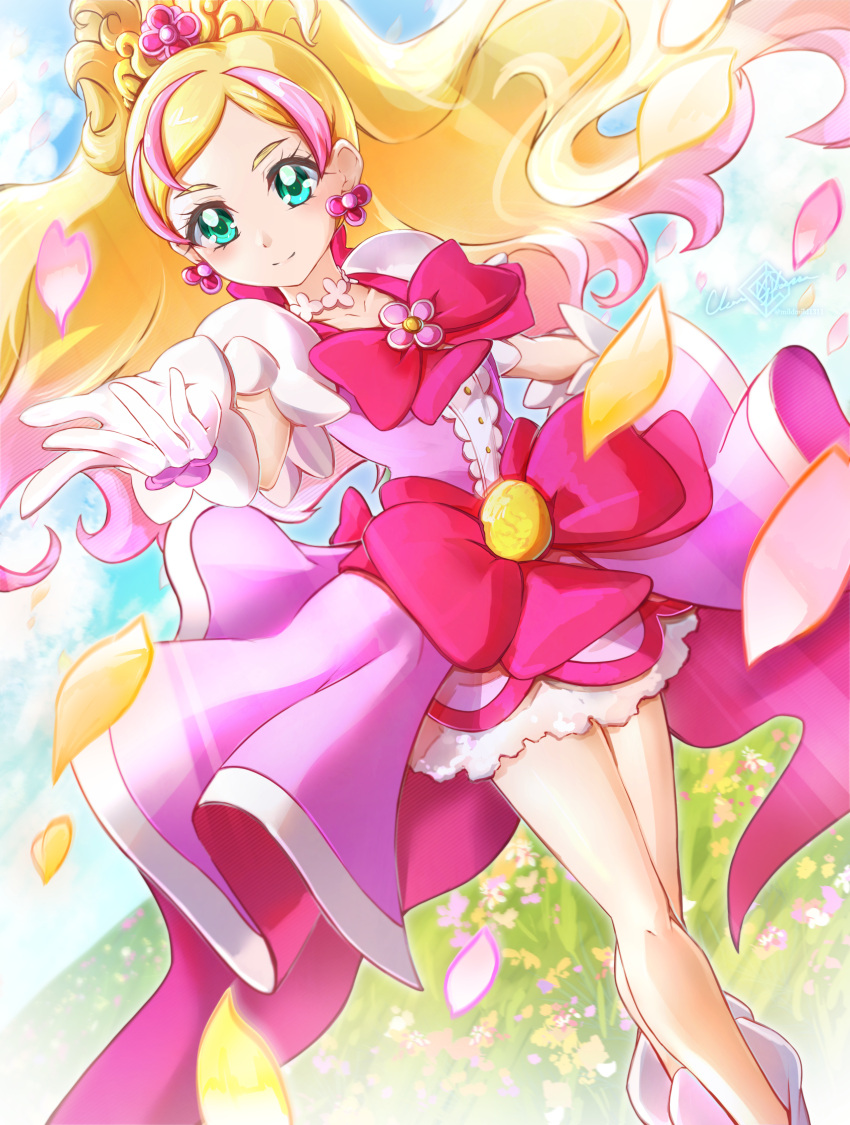 1girl blonde_hair blue_eyes bow choker clear_glass_(mildmild1311) clouds cloudy_sky cure_flora earrings field flower flower_earrings flower_field flower_necklace gloves go!_princess_precure haruno_haruka highres jewelry long_hair looking_at_viewer magical_girl multicolored_hair outdoors petals pink_bow pink_hair precure puffy_sleeves skirt sky smile solo streaked_hair two-tone_hair waist_bow waist_brooch white_gloves