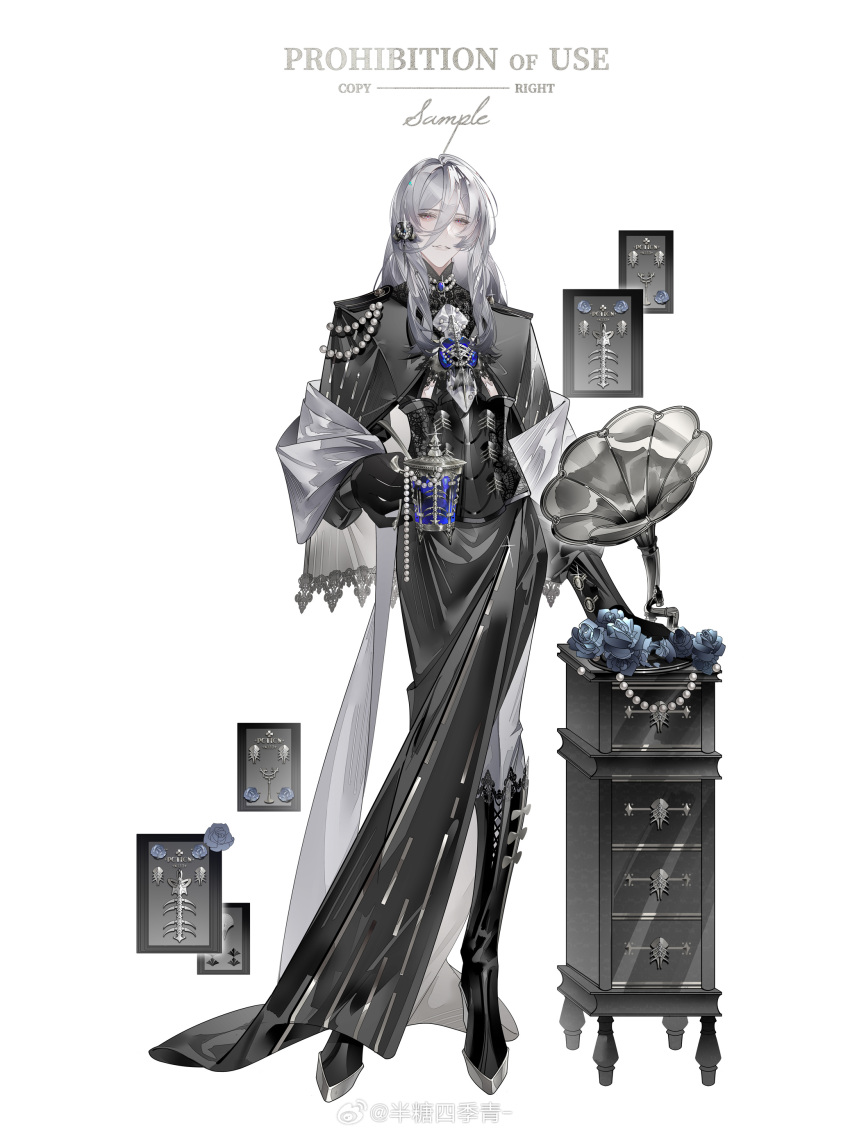 1boy absurdres alternate_costume ascot ban_tang_siji_qing black_capelet black_corset black_footwear black_gloves black_robe black_shirt blue_flower blue_gemstone blue_rose boots brooch cael_anselm capelet corset cup drawer fish_bone flower full_body gem glint gloves grey_hair grey_pants grey_shawl hair_between_eyes hair_ornament high_heel_boots high_heels highres holding holding_cup jewelry knee_boots lace lace_shirt lid long_bangs long_hair long_sleeves looking_at_viewer lovebrush_chronicles male_focus mug necklace pants parted_lips pearl_(gemstone) pearl_necklace phonograph picture_frame red_pupils robe rose sample_watermark shawl shirt side_slit simple_background smile solo standing unworn_jewelry violet_eyes watermark weibo_logo weibo_watermark white_ascot white_background