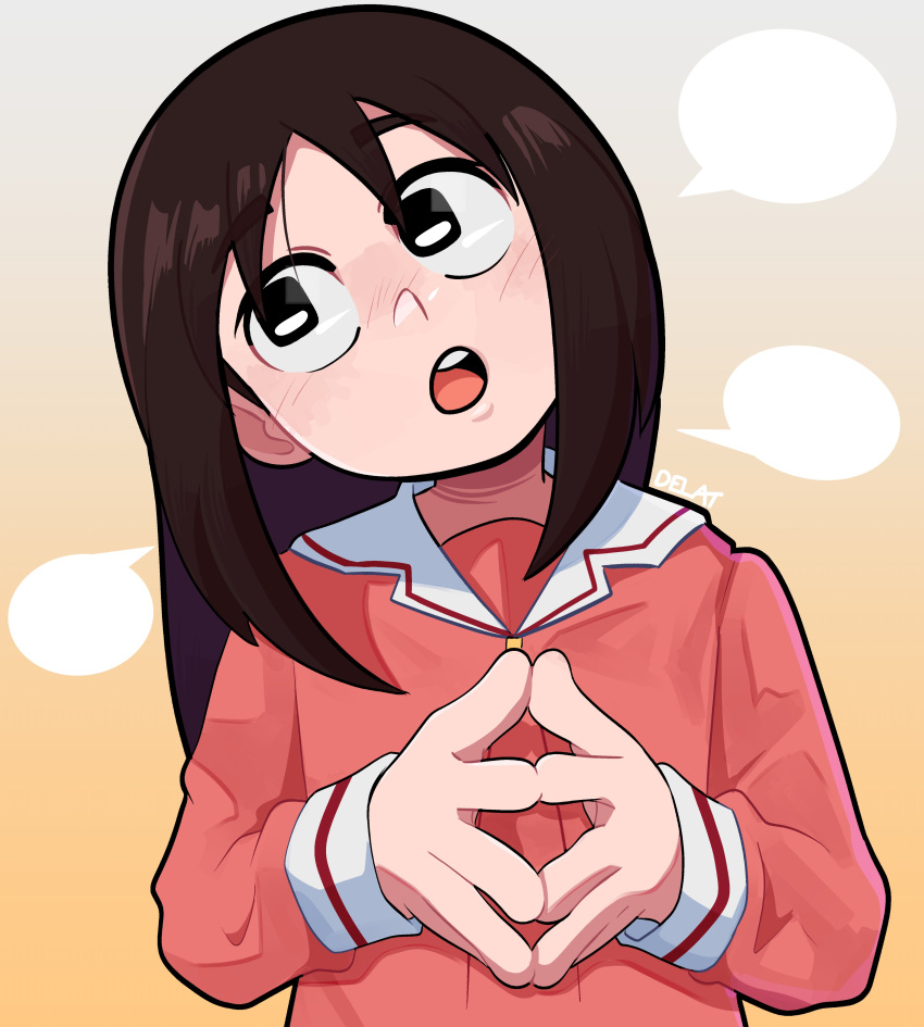 1girl absurdres artist_name averting_eyes azumanga_daioh azumanga_daioh's_school_uniform black_eyes blush brown_hair commentary delatoid english_commentary gradient_background head_tilt highres kasuga_ayumu long_sleeves looking_to_the_side looking_up medium_hair nose_blush open_mouth own_hands_together pink_serafuku round_teeth sailor_collar school_uniform serafuku signature solo speech_bubble steepled_fingers talking teeth upper_body upper_teeth_only white_sailor_collar winter_uniform yellow_background