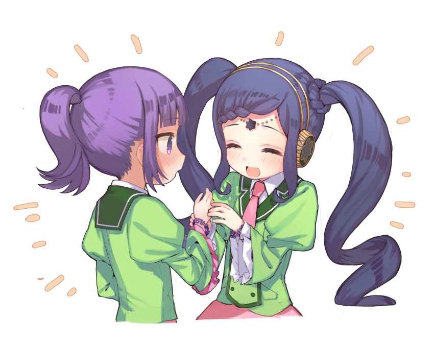 2girls :d avocado_academy_school_uniform bad_id bad_pixiv_id blue_hair blunt_bangs blush bracelet braid braided_bangs closed_eyes collared_shirt cropped_torso facing_another garara_s_leep green_jacket hanazono_shuka hands_up head_chain headphones heath_(artist) highres idol_time_pripara jacket jewelry long_hair long_sleeves looking_at_another multiple_girls necktie open_mouth pink_necktie pink_skirt ponytail pretty_series pripara puffy_sleeves purple_hair putting_on_jewelry sailor_collar school_uniform shirt sidelocks simple_background skirt smile twintails upper_body very_long_hair violet_eyes white_background white_shirt wide_sleeves