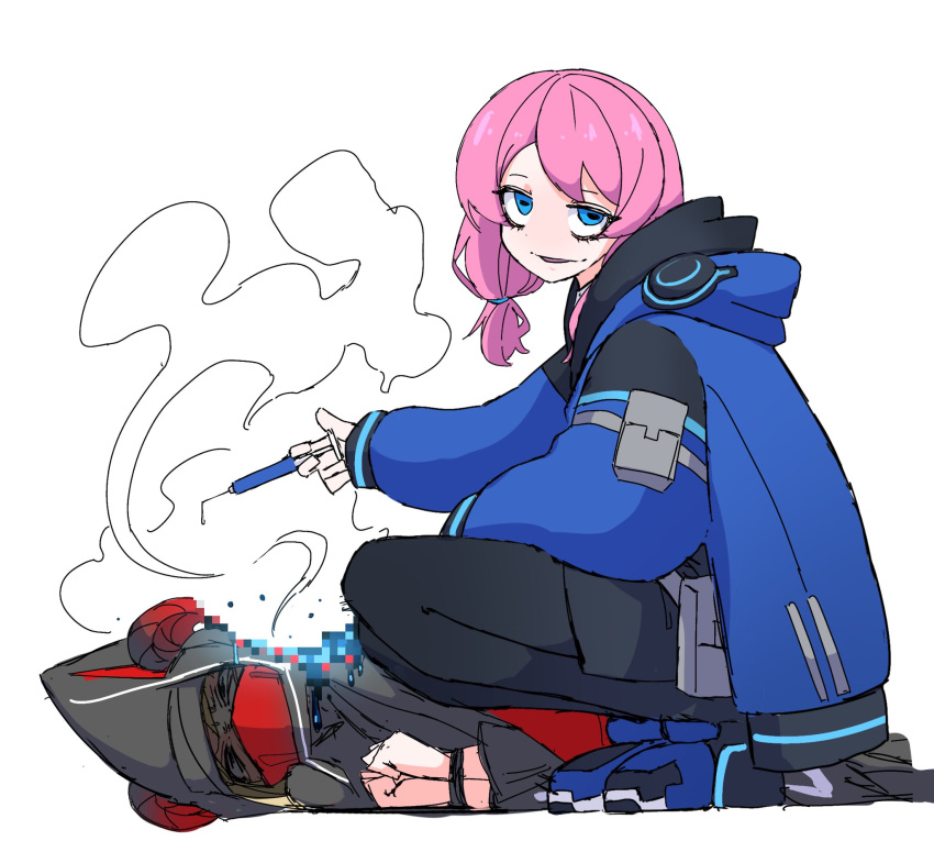 1girl 1other arknights black_pants blue_eyes blue_footwear blue_jacket blue_poison_(arknights) censored character_request dr_yamero highres holding holding_syringe hood hood_down hooded_jacket jacket mosaic_censoring pants pink_hair syringe white_background