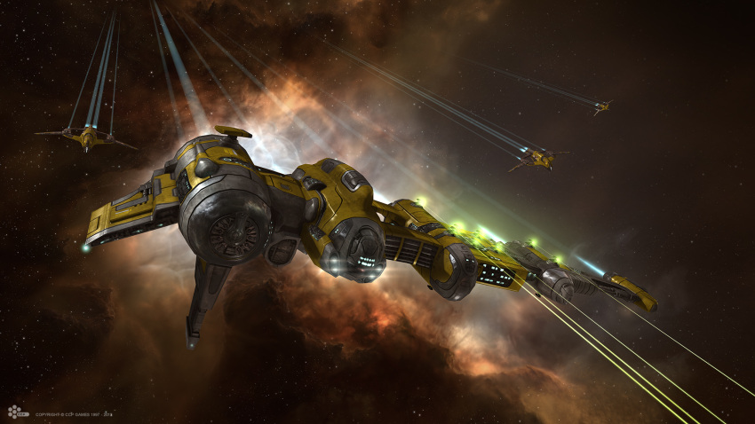 3d attack_ship_(eve_online) birgirpall brown_background cannon catalyst_(eve_online) clouds commentary company_name dated dated_commentary destroyer_(eve_online) energy energy_beam energy_cannon eve_online fleet flying gallente_federation_(eve_online) glowing hauling_ship_(eve_online) highres interbus_(eve_online) logo military_vehicle nebula no_humans official_art outdoors realistic science_fiction sky space spacecraft special_edition_ship_(eve_online) star_(sky) starry_background starry_sky thrusters turret vehicle_focus