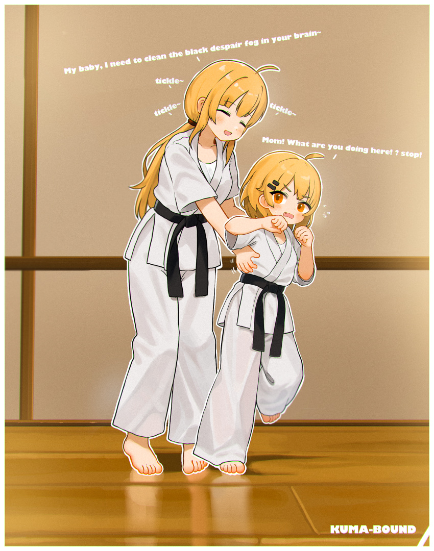 2girls :d ^_^ absurdres ahoge artist_name barefoot belt black_belt blonde_hair blush border chinese_commentary closed_eyes commentary_request commission dougi english_text fang flying_sweatdrops highres kuma-bound long_hair martial_arts_belt medium_hair mother_and_daughter multiple_girls open_mouth orange_eyes original pants pixiv_commission smile tickling wavy_mouth white_border white_pants