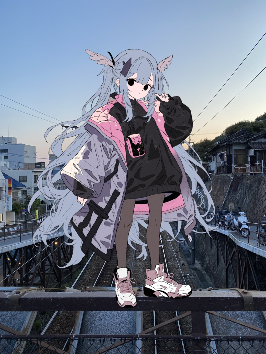 1girl black_eyes black_pantyhose black_sweater blue_hair blue_sky closed_mouth day dot_mouth empty_eyes full_body gradient_background grey_jacket hand_up highres jacket long_hair long_sleeves looking_at_viewer mochu_(aoishikabane) morning multicolored_clothes multicolored_jacket on_railing open_clothes open_jacket orange_sky original outdoors pantyhose photo_background pink_footwear pink_jacket puffy_long_sleeves puffy_sleeves railing shoes sky sneakers solo standing sweater two-sided_fabric two-sided_jacket two-tone_jacket very_long_hair