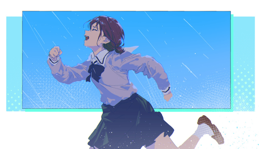 1girl black_ribbon black_skirt blue_background brown_footwear closed_eyes commentary crying crying_with_eyes_open from_side girls_band_cry grey_shirt highres iseri_nina long_sleeves neck_ribbon open_mouth outdoors rain redhead ribbon running sailor_collar shirt short_twintails skirt socks solo tears twintails white_background white_sailor_collar white_socks yumuto_(spring1786)