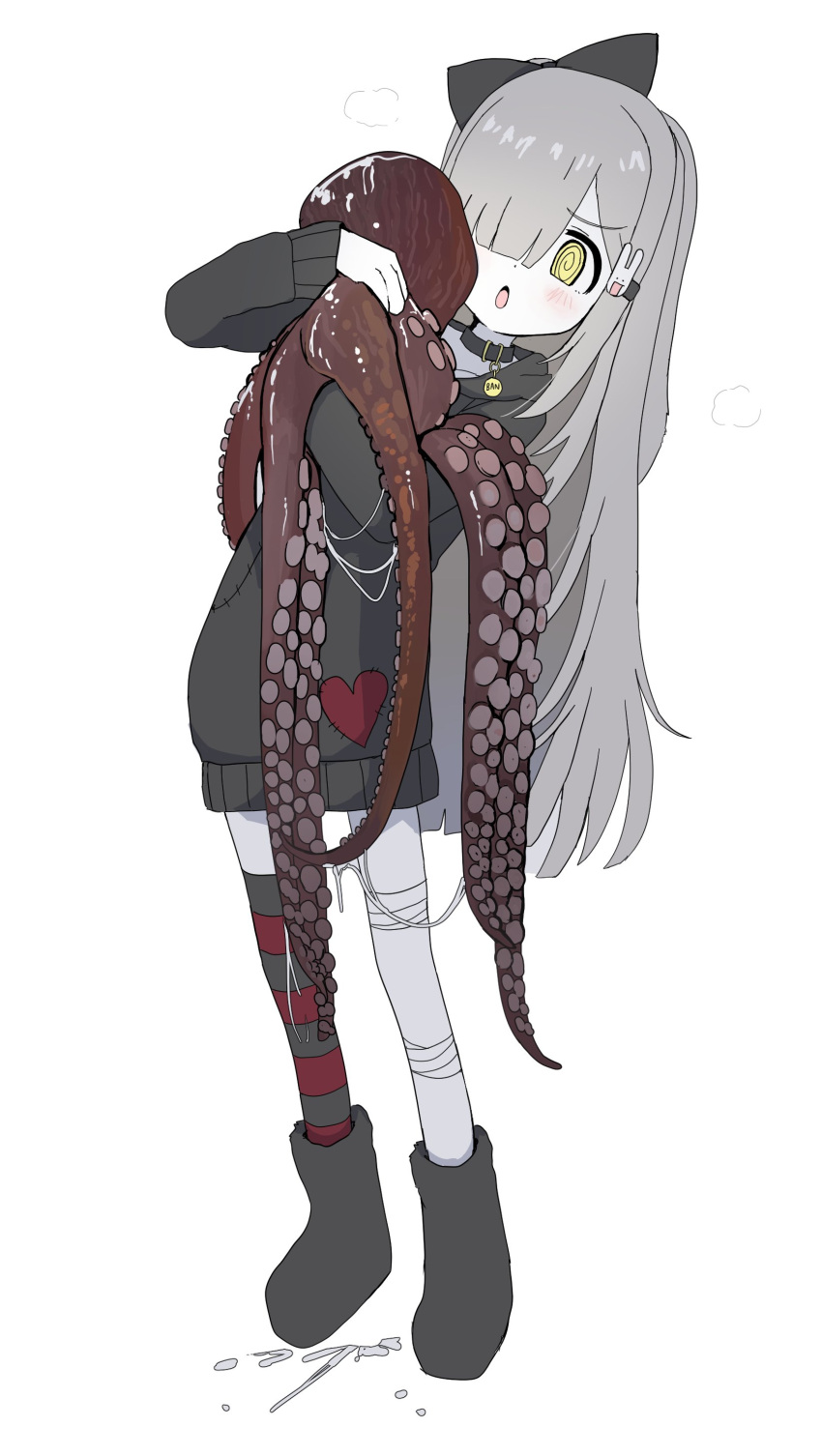 1girl @_@ absurdres animal bandaged_leg bandages cephalopod collar grey_hair hair_ornament hair_over_one_eye highres long_hair octopus original oyasu_miyo rabbit_hair_ornament simple_background single_thighhigh striped_clothes striped_thighhighs sweater tentacles thigh-highs vreparty white_background yellow_eyes