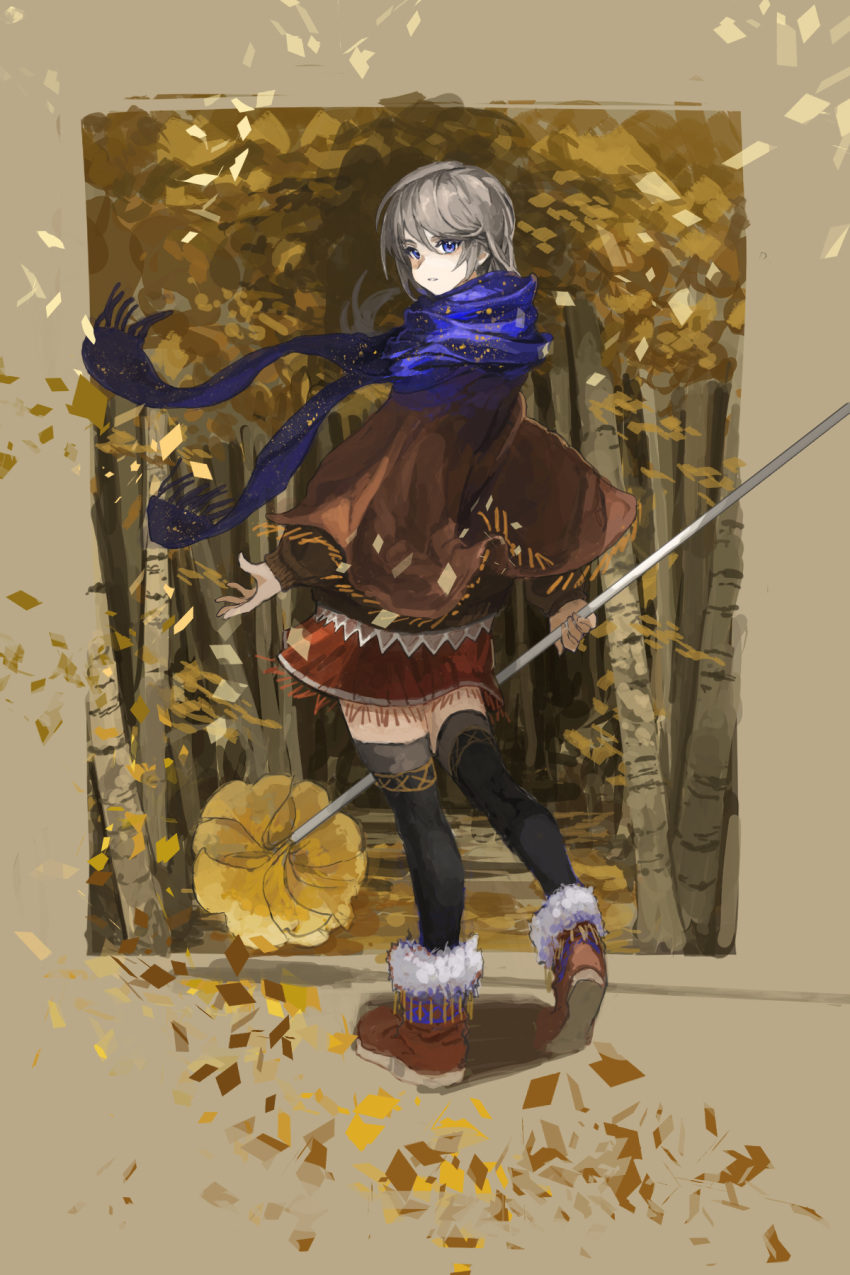 1girl black_thighhighs blue_eyes blue_scarf boots border brown_border brown_shawl brown_sweater falling_leaves floating_clothes floating_hair foreshortening fur-trimmed_boots fur_trim grey_hair hair_between_eyes highres holding kasumi_yuzuha leaf long_hair long_sleeves looking_back original outside_border red_skirt scarf shawl skirt solo standing sweater thigh-highs