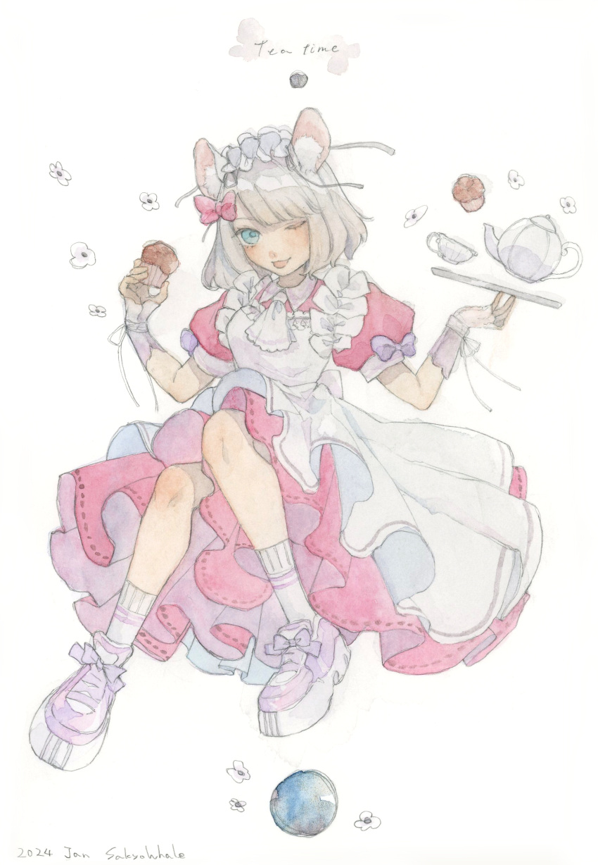1girl 2024 absurdres animal_ears apron artist_name blue_eyes bow collared_dress cup dated dress english_text food full_body hair_bow highres holding looking_at_viewer maid maid_apron maid_headdress mouse_ears one_eye_closed original painting_(medium) pink_bow pink_dress pink_footwear puffy_short_sleeves puffy_sleeves sakyou_kujira shoes short_hair short_sleeves signature simple_background socks solo teacup tongue tongue_out traditional_media tray watercolor_(medium) white_apron white_background white_hair white_socks
