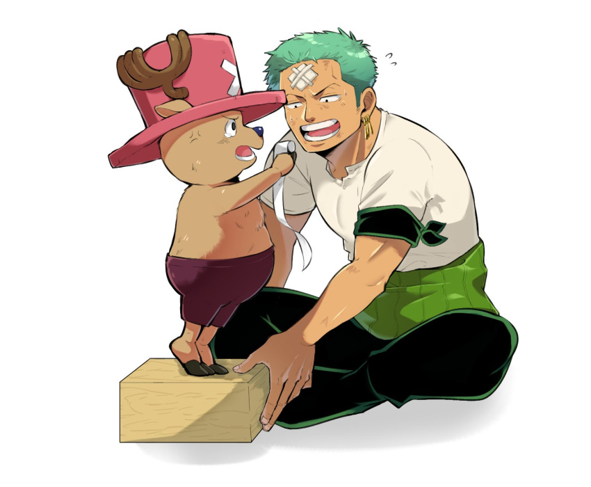 2boys anger_vein bandaid bandaid_on_face bandaid_on_forehead facial_hair feeding flying_sweatdrops green_hair height_difference highres male_focus multiple_boys one_piece roronoa_zoro short_hair sideburns_stubble sitting stubble tearing_up toned toned_male tony_tony_chopper udon_oneday worried