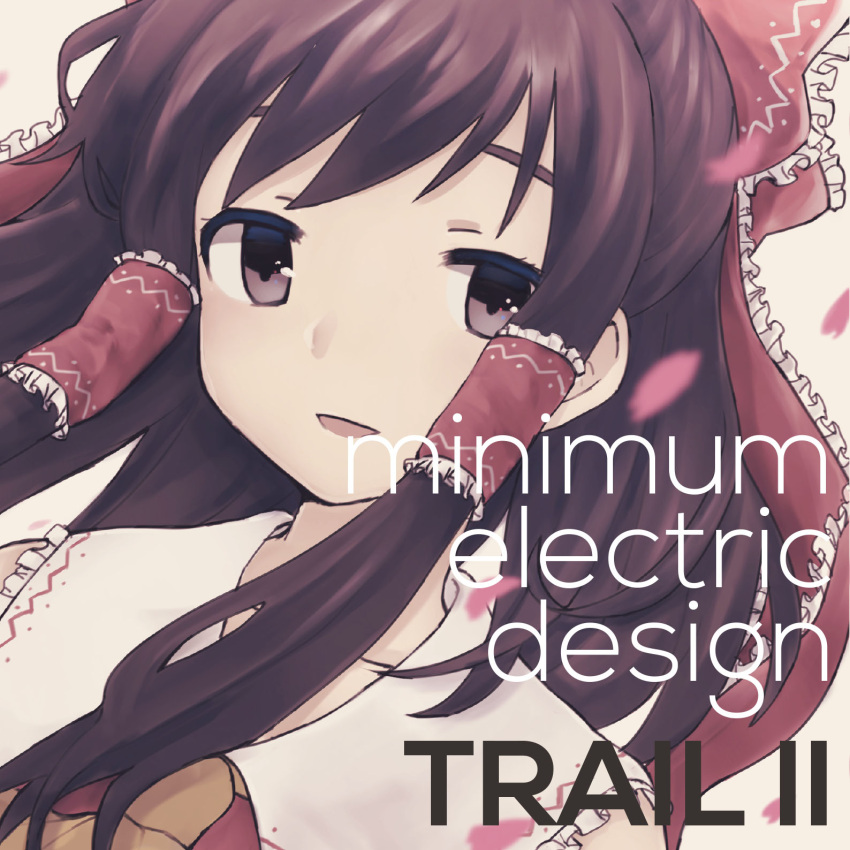 1girl :d album_cover album_name ascot bad_source bow brown_hair circle_name close-up collar collared_shirt cover dot_nose dutch_angle english_text eyebrows_hidden_by_hair frilled_bow frilled_collar frilled_hair_tubes frills hair_bow hair_tubes hakurei_reimu highres kikurina long_hair looking_at_viewer minimum_electric_design second-party_source shirt sidelocks smile solo touhou yellow_ascot