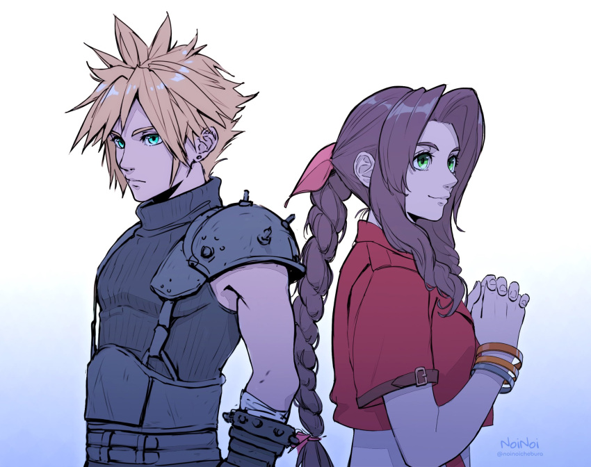 1boy 1girl aerith_gainsborough aqua_eyes armor artist_name back-to-back bandaged_arm bandages bangle belt blonde_hair bracelet braid braided_ponytail brown_belt brown_hair closed_mouth cloud_strife cropped_jacket dress earrings final_fantasy final_fantasy_vii final_fantasy_vii_rebirth final_fantasy_vii_remake gradient_background green_eyes hair_ribbon highres jacket jewelry long_hair multiple_belts noinoichebura own_hands_clasped own_hands_together parted_bangs pink_dress pink_ribbon red_jacket ribbon short_hair short_sleeves shoulder_armor sidelocks single_braid single_earring single_shoulder_pad sleeveless sleeveless_turtleneck smile spiky_hair suspenders turtleneck twitter_username upper_body wavy_hair