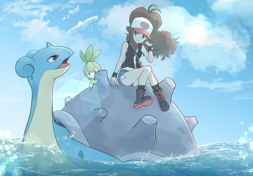 1girl absurdres afloat bare_legs baseball_cap black_footwear blue_eyes blue_sky boots brown_hair closed_mouth clouds commentary_request cross-laced_footwear dot_nose full_body hat high_ponytail highres hilda_(pokemon) horns lapras lens_flare long_hair looking_at_another looking_at_viewer open_mouth outdoors petilil poke_ball_print pokemon pokemon_(creature) pokemon_bw print_headwear shell single_horn sitting sky smile snow_(ffgf7255) tareme water white_hat wingull