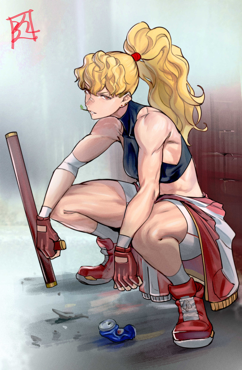 1girl absurdres bandaid bandaid_on_face bandaid_on_nose bare_shoulders blonde_hair breasts brick_wall can capcom_vs_snk_2 clothes_around_waist commentary_request drink_can earrings final_fight fingerless_gloves full_body genryuusai_maki gloves high_ponytail highres holding holding_weapon jacket jacket_around_waist jewelry juaag_acgy long_hair looking_at_viewer mouth_hold muscular muscular_female orange_eyes parted_lips ponytail red_gloves shoes shorts signature small_breasts sneakers socks soda_can squatting street_fighter tank_top tonfa weapon