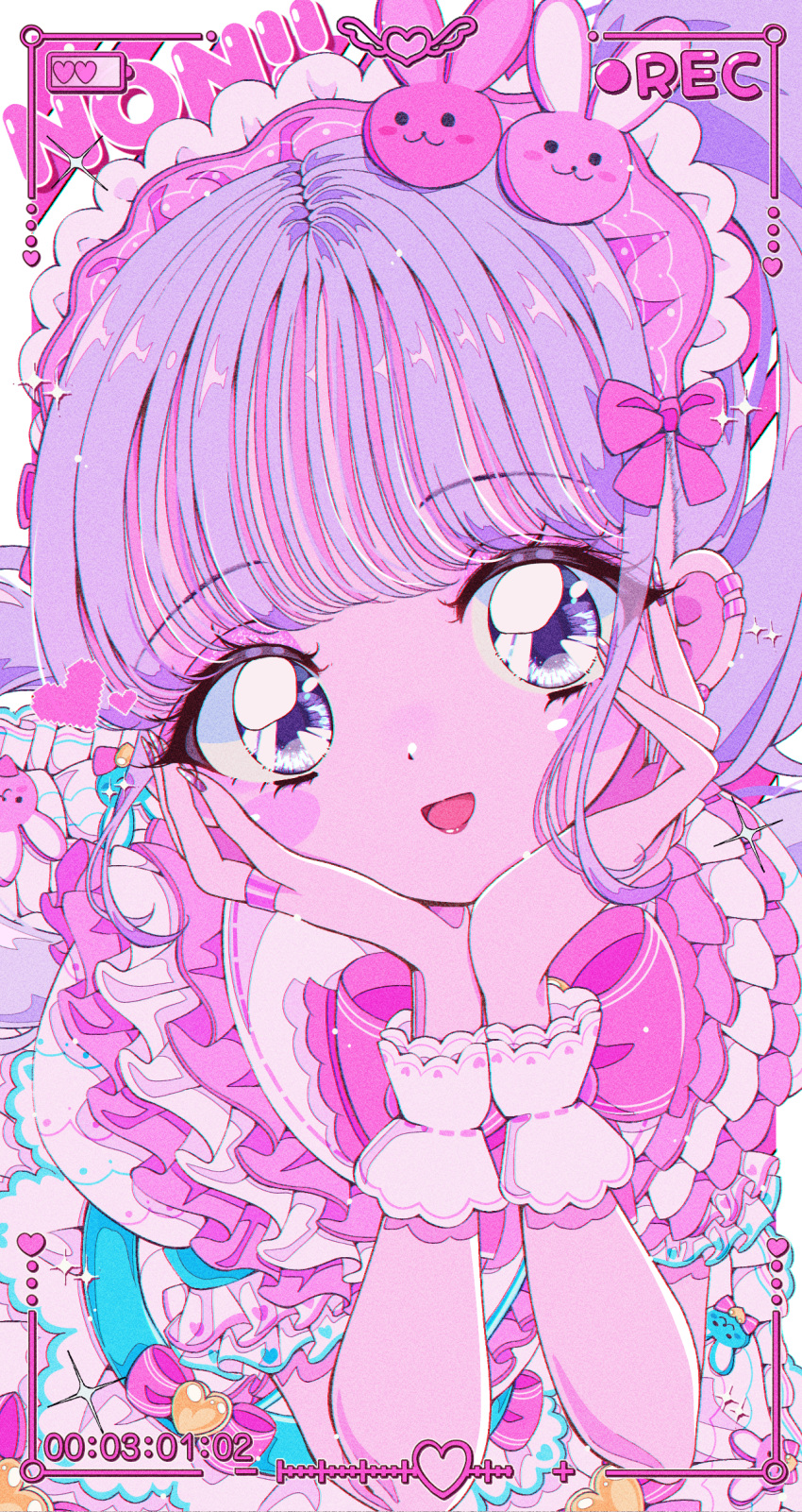 1girl battery_indicator blush bow character_name commentary_request frills hairband hands_on_own_cheeks hands_on_own_face hands_up highres lolita_fashion lolita_hairband long_hair looking_at_viewer manaka_non milon_cas open_mouth pink_bow pretty_series pripara purple_hair recording retro_artstyle smile solo sweet_lolita upper_body viewfinder violet_eyes wrist_cuffs