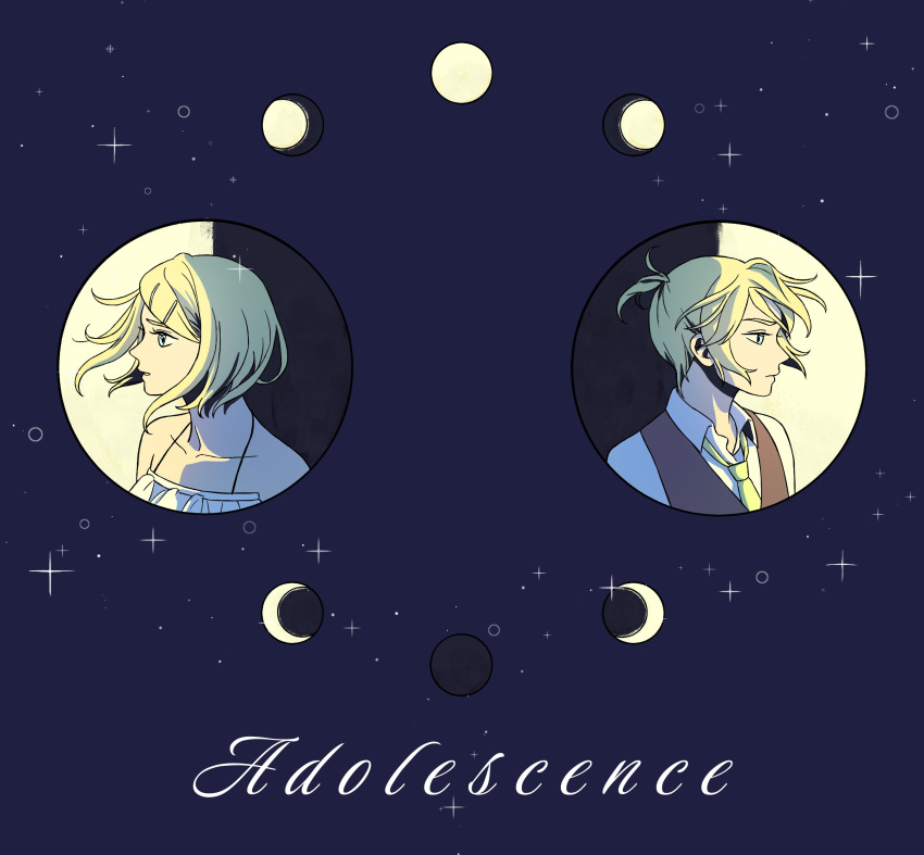 absurdres adolescence_(vocaloid) adolescent_knight_(module) adolescent_princess_(module) aqua_eyes back-to-back bare_shoulders blonde_hair camisole cel_shading collarbone collared_shirt crescent_moon eyelashes floating_hair frilled_camisole frills full_moon gibbous_moon half_moon highres kagamine_len kagamine_rin moon moon_phases necktie new_moon parted_lips portrait profile project_diva_(series) serious shirt short_hair shubook_vse sky sleeveless_blazer spaghetti_strap star_(sky) starry_sky swept_bangs vocaloid white_camisole white_shirt wind yellow_necktie