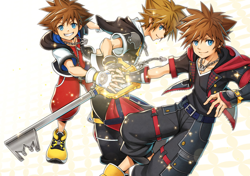 3boys belt black_gloves black_jacket black_pants black_shirt blue_belt bodysuit chain chain_necklace commentary crown_necklace english_commentary fingerless_gloves from_side gloves hands_on_another's_hands highres holding holding_weapon hood hood_down hooded_jacket jacket jewelry keyblade kingdom_hearts kingdom_hearts_i kingdom_hearts_ii kingdom_hearts_iii kingdom_key looking_at_viewer looking_to_the_side multiple_boys multiple_persona necklace open_clothes open_jacket pants puffy_short_sleeves puffy_sleeves red_bodysuit shirt sho_(sumika) short_sleeves sora_(kingdom_hearts) spiky_hair weapon white_gloves yellow_footwear zipper zipper_pull_tab