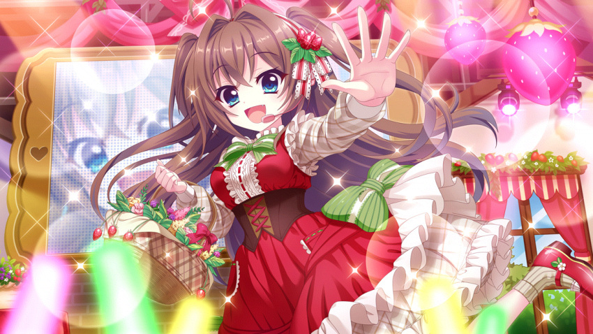1girl :d ahoge basket blue_eyes bow breasts brick_wall brown_hair corset dot_nose fang film_grain food food-themed_hair_ornament fruit game_cg glowstick green_bow green_socks hair_intakes hair_ornament headset high_heels holding holding_basket idol idol_clothes izumi_tsubasu layered_skirt lens_flare long_hair looking_at_viewer medium_breasts non-web_source official_art open_mouth outstretched_arm pumps re:stage! red_footwear screen shikimiya_aone skirt smile socks solo sparkle stage_lights standing standing_on_one_leg strawberry strawberry_hair_ornament underbust wicker_basket window
