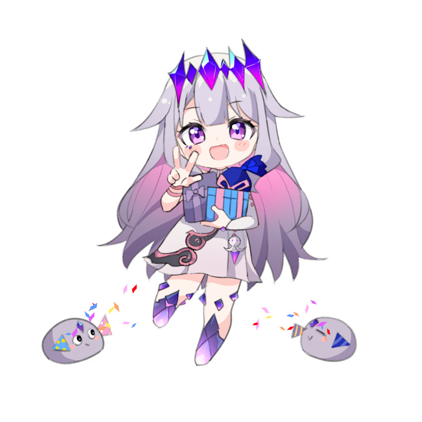 1girl :&gt; :d absurdres ame. blush_stickers box chibi closed_eyes closed_mouth commentary confetti dress english_commentary gift gift_box grey_dress grey_hair highres holding holding_gift hololive hololive_english koseki_bijou long_hair long_sleeves looking_at_viewer party_popper pebble_(koseki_bijou) pink_hair simple_background single_sleeve smile standing standing_on_one_leg v very_long_hair violet_eyes virtual_youtuber white_background
