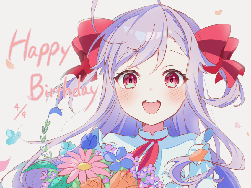 1girl :d ahoge blue_flower blush bouquet bow commentary_request dated dot_nose falling_petals flower frilled_shirt frills hair_bow happy happy_birthday highres holding holding_bouquet long_hair looking_at_viewer neck_ribbon nfziy5nuppdlqqc niizuma_yae open_mouth orange_flower petals pink_eyes pink_flower purple_flower purple_hair raised_eyebrows red_bow red_ribbon ribbon shirt smile solo straight-on swept_bangs teeth two_side_up upper_body upper_teeth_only white_background white_shirt world_dai_star