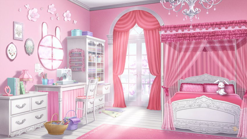 azuma_hatori balcony basket bed blanket book box cabinet canopy_bed chair chandelier curtains day door drawer fabric flower highres indoors jar lamp muntins napi_(utaite) no_humans note official_art painting_(object) pillow pink_flower prince_kingdom rug scenery scissors sewing_machine shelf spool stuffed_animal stuffed_rabbit stuffed_toy sunlight table themed_object