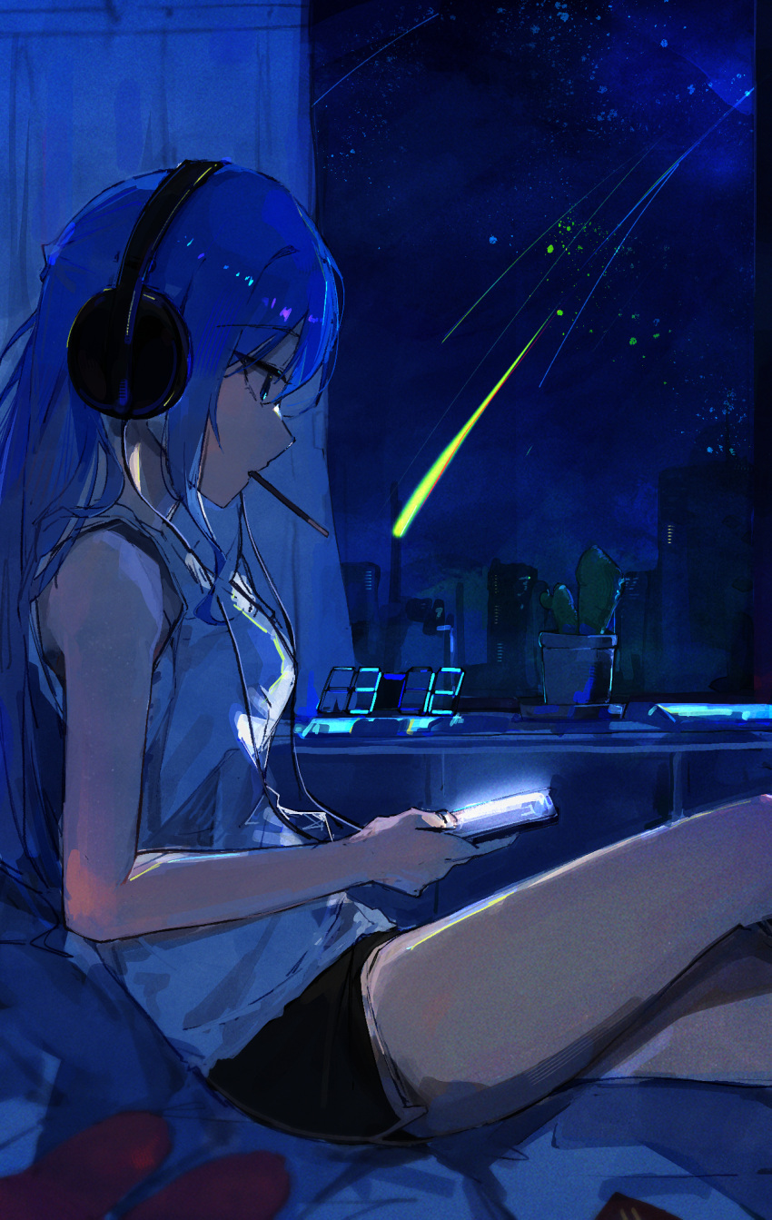 1girl bare_legs black_shorts cactus cellphone food food_in_mouth headphones highres holding holding_phone hololive hoshimachi_suisei long_hair looking_at_phone night night_sky phone plant pocky pocky_in_mouth potted_plant shooting_star short_shorts shorts sitting sky smartphone solo tank_top virgo76612871 virtual_youtuber white_tank_top window