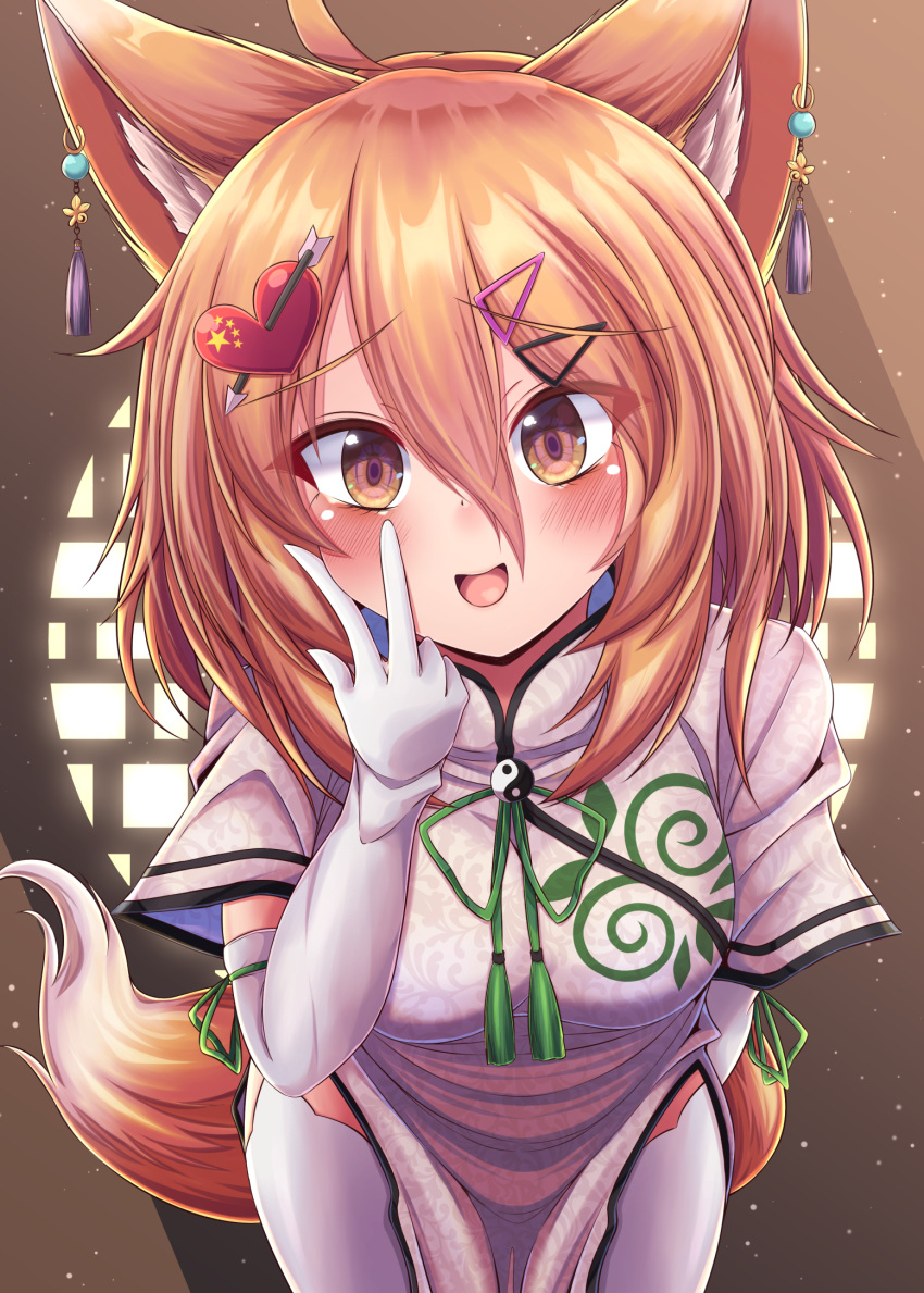 1girl :d adapted_costume ahoge animal_ear_fluff animal_ear_piercing animal_ears arrow_through_heart blush breasts brown_eyes commentary cowboy_shot double-parted_bangs dress earrings elbow_gloves foreshortening fox_ears fox_girl fox_tail furrowed_brow gloves green_tassel hair_between_eyes hair_ornament hairclip happy heart heart_hair_ornament highres hip_vent indoors jewelry kudamaki_tsukasa leaning_forward light_particles looking_at_viewer medium_breasts medium_hair open_mouth orange_hair short_sleeves side_ponytail siw0n smile solo straight-on tail tassel tassel_earrings thigh-highs touhou tsurime v white_dress white_gloves white_thighhighs