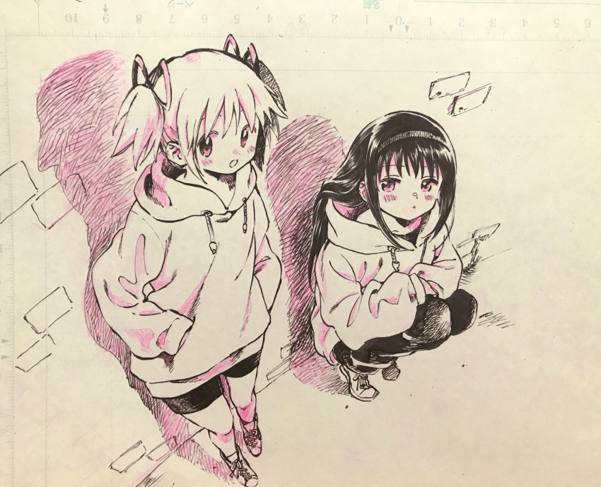 2girls :o against_wall akemi_homura alternate_costume blush_stickers brick_wall commentary_request cross-laced_footwear full_body greyscale hair_flowing_over hair_ribbon hairband hands_in_pockets highres hood hood_down hoodie kaname_madoka long_hair mahou_shoujo_madoka_magica mahou_shoujo_madoka_magica_(anime) monochrome multiple_girls no+bi= open_mouth pants parted_lips pink_eyes pink_hair pink_ribbon ribbon shado shoes short_hair short_shorts short_twintails shorts smile sneakers socks spot_color squatting standing straight_hair traditional_media twintails very_long_hair