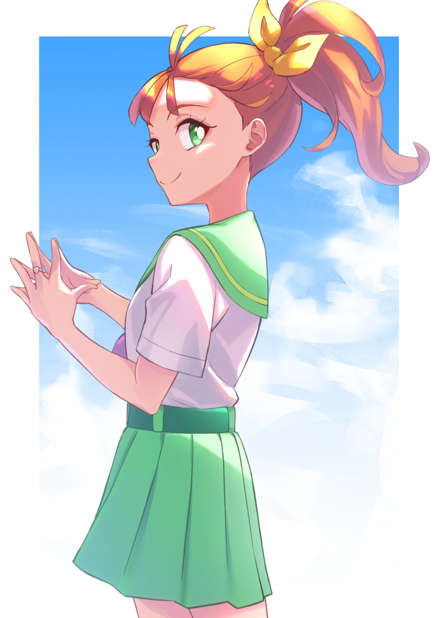 1girl aozora_middle_school_uniform blue_sky bright_pupils closed_mouth clouds cloudy_sky cowboy_shot day from_side green_eyes green_sailor_collar green_skirt hair_ribbon highres ishidai_(ishidai4682) jewelry looking_at_viewer medium_hair natsuumi_manatsu neckerchief orange_hair outdoors pink_neckerchief pleated_skirt precure ribbon ring sailor_collar school_uniform serafuku short_sleeves side_ponytail skirt sky smile solo standing steepled_fingers tropical-rouge!_precure white_pupils yellow_ribbon