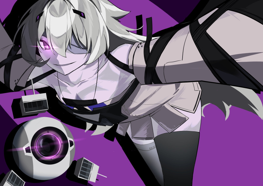 1girl bandage_over_one_eye bare_shoulders colored_skin detached_sleeves dress drone evil_smile flat_chest glowing glowing_eye grey_dress grey_hair grey_skin grey_sleeves grey_thighhighs hair_between_eyes hair_ornament hairclip highres long_hair long_sleeves mafrn3_(g03s) no.21:_xxi_(punishing:_gray_raven) no.21_(punishing:_gray_raven) parted_lips punishing:_gray_raven purple_background short_dress sidelocks smile thigh-highs