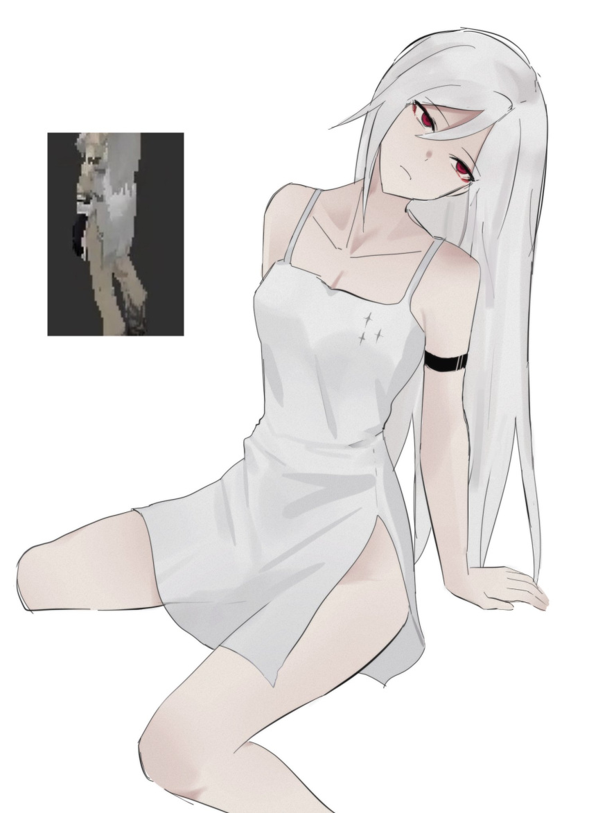 1girl 1yym ariane_yeong dress highres long_hair looking_to_the_side red_eyes reference_inset signalis solo white_dress white_hair