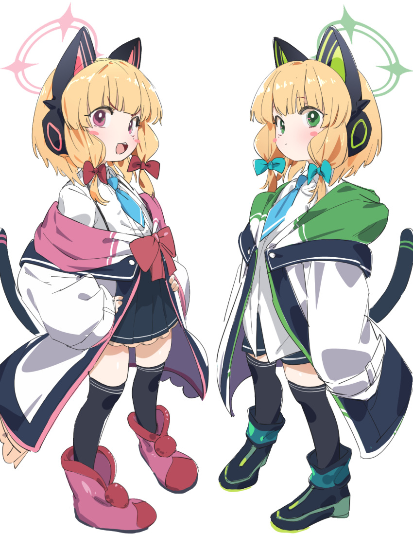 2girls animal_ear_headphones animal_ears black_skirt black_tail black_thighhighs blonde_hair blue_archive blue_necktie blush_stickers bow cat_ear_headphones closed_mouth fake_animal_ears green_eyes green_halo hair_bow halo hands_on_own_hips headphones highres jacket midori_(blue_archive) momoi_(blue_archive) multiple_girls necktie ocha_(popopogg) open_mouth pink_eyes pink_halo red_bow shirt siblings simple_background sisters skirt smile standing thigh-highs white_background white_jacket white_shirt