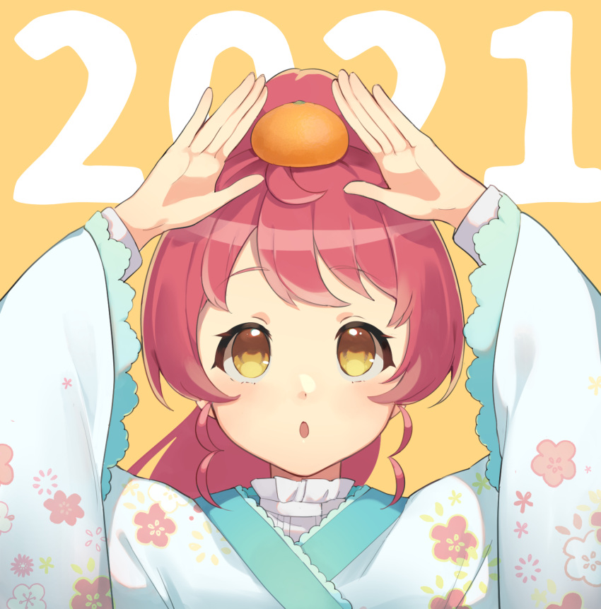 1girl 2021 :o arms_up bad_id bad_twitter_id blue_kimono floral_print floral_print_kimono food food_on_head frilled_sleeves frills fruit highres inactive_account japanese_clothes kimono long_hair long_sleeves mandarin_orange new_year object_on_head open_mouth ponytail pretty_series pripara redhead shiratama_mikan shiyurinpu solo upper_body wide_sleeves yellow_background yellow_eyes