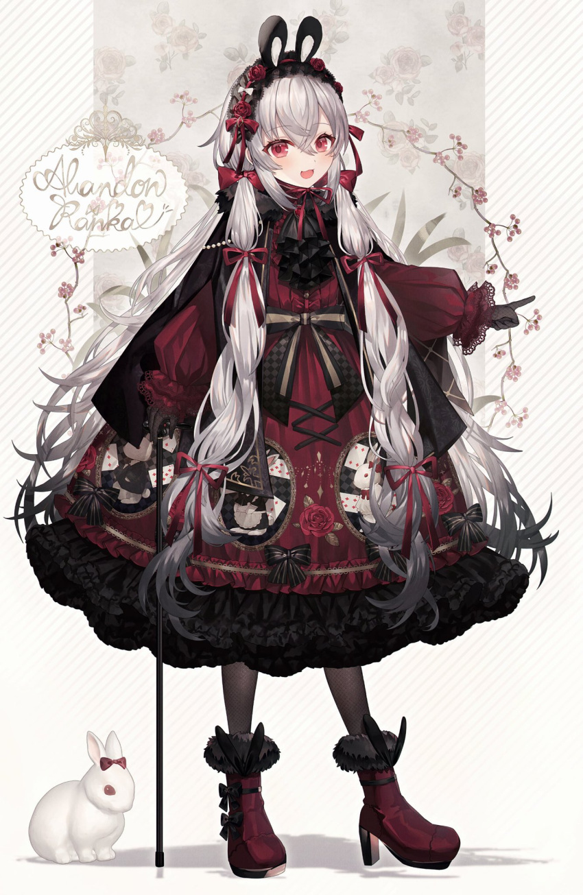 1girl :d abandon_ranka animal animal_ears artist_name ascot black_ascot black_gloves black_pantyhose boots cane commentary_request dress fake_animal_ears full_body fur-trimmed_gloves fur_trim gloves gothic_lolita grey_hair hair_between_eyes hair_ribbon high_heel_boots high_heels highres lolita_fashion long_hair long_sleeves looking_at_viewer open_mouth original pantyhose puffy_long_sleeves puffy_sleeves rabbit rabbit_ears red_dress red_eyes red_footwear red_ribbon ribbon shadow sleeves_past_wrists smile solo standing striped_background very_long_hair