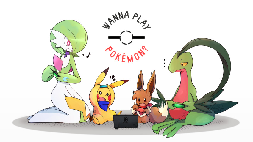 ... 1girl arm_tattoo arms_up bandana black_eyes blue_bandana bob_cut bright_pupils brown_eyes choker closed_mouth colored_sclera colored_skin commentary controller eevee english_commentary english_text expressionless fang flat_chest full_body game_console game_controller gardevoir green_hair green_skin grin grovyle hair_over_one_eye half-closed_eyes hands_up happy highres holding holding_controller holding_game_controller joy-con k.z.r kneeling knees_apart_feet_together looking_down multicolored_skin musical_note nintendo_switch notice_lines one_eye_covered open_mouth pikachu playing_games poke_ball_symbol pokemon pokemon_(creature) purple_choker red_bandana red_eyes short_hair simple_background smile spoken_musical_note tattoo teeth trembling two-tone_skin wavy_mouth white_background white_pupils white_skin yellow_sclera