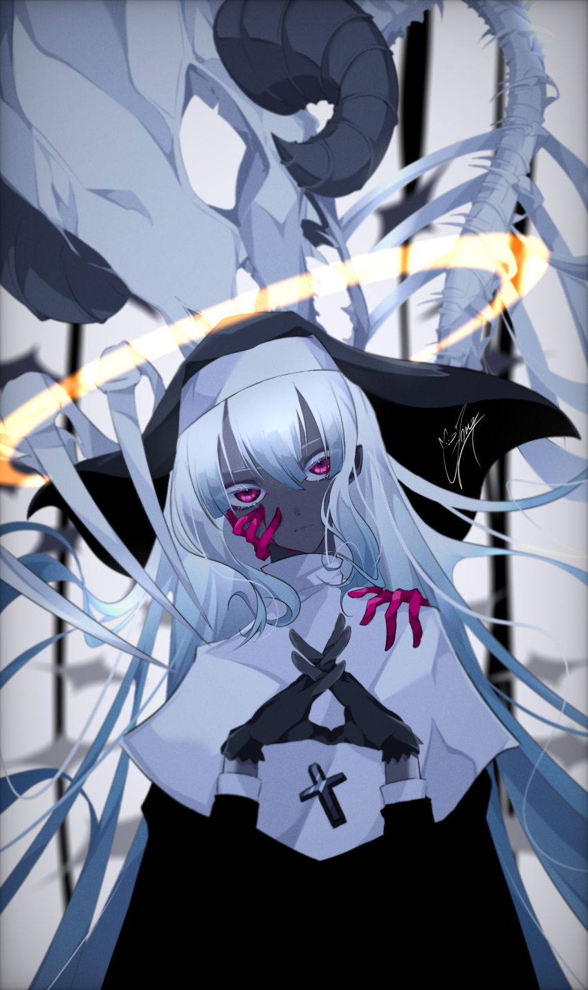 1girl bone colored_skin expressionless fossil goma_irasuto grey_skin halo highres horns long_hair looking_at_viewer multiple_hands nun original red_eyes red_hands signature very_long_hair white_hair white_theme