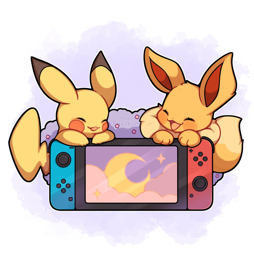 absurdres blush chibi closed_eyes clouds eevee handheld_game_console happy highres moon nintendo_switch no_humans open_mouth pikachu pokemon pokemon_(creature) sevi_(seviyummy) smile