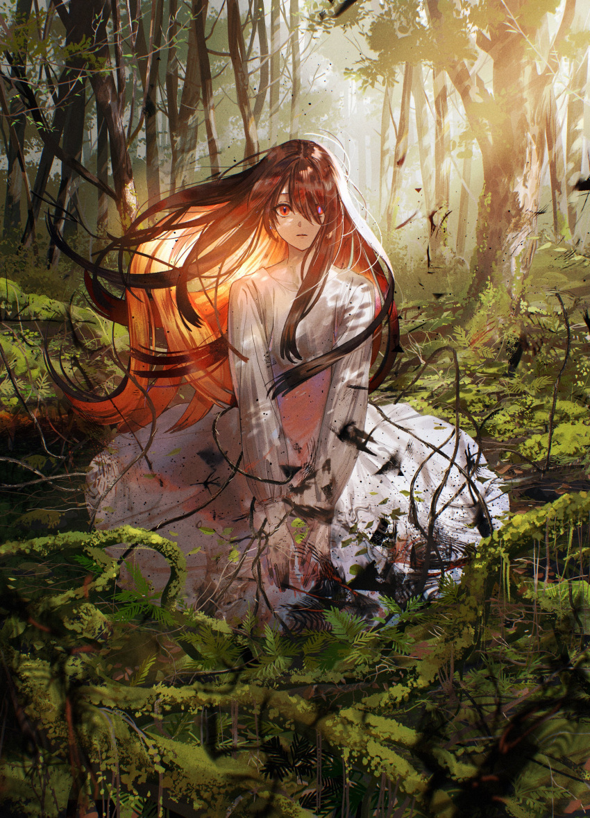 1girl absurdres branch brown_hair commentary_request dappled_sunlight dress forest highres leaf long_hair looking_at_viewer nature original outdoors purple_pupils red_eyes solo sunlight syo5 tree violet_eyes white_dress