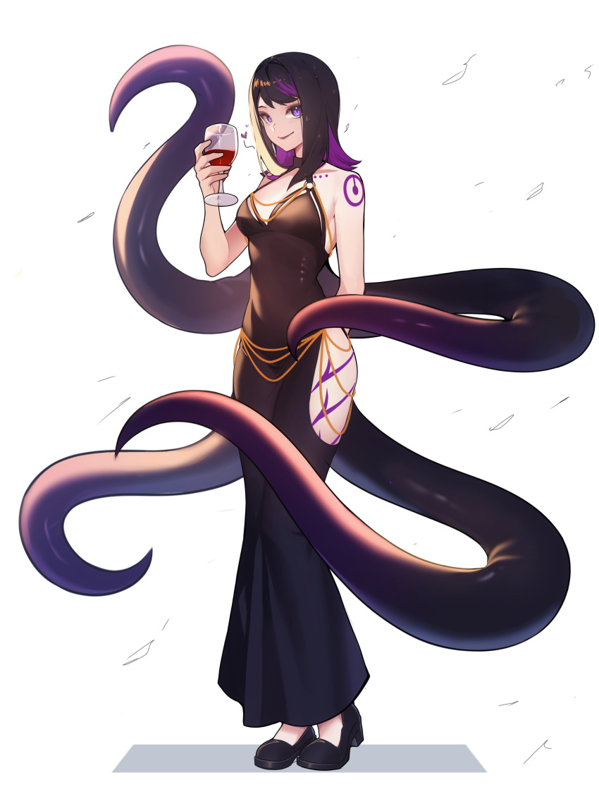 1girl absurdres alcohol bare_shoulders black_dress black_hair body_markings breasts commission commissioner_upload cup dress drinking_glass highres leg_tattoo looking_at_viewer medium_breasts monster_girl multicolored_hair non-web_source original purple_hair shiimidori shoko_the_alien shoulder_tattoo solo tattoo tentacles thighs violet_eyes wine wine_glass