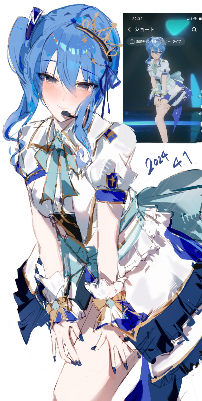 1girl absurdres back_bow blue_bow blue_eyes blue_hair blue_nails blush bow collared_dress costume_request dress frilled_cuffs hair_between_eyes headset highres hololive hololive_idol_uniform_(bright) hoshimachi_suisei large_bow long_hair looking_at_viewer nail_polish official_alternate_costume puffy_short_sleeves puffy_sleeves short_sleeves side_ponytail sidelocks smile solo virgo76612871 virtual_youtuber wavy_hair white_dress wrist_cuffs