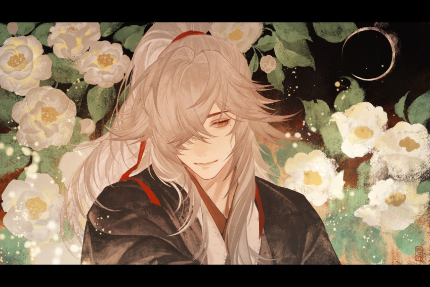 1boy black_coat brown_eyes calendulamew chinese_clothes coat crescent flower grey_hair hair_intakes highres honkai:_star_rail honkai_(series) jing_yuan light_particles light_smile long_hair looking_to_the_side male_focus mole mole_under_eye moon night night_sky one_eye_covered outdoors ponytail portrait red_ribbon ribbon sidelocks sky solo white_flower