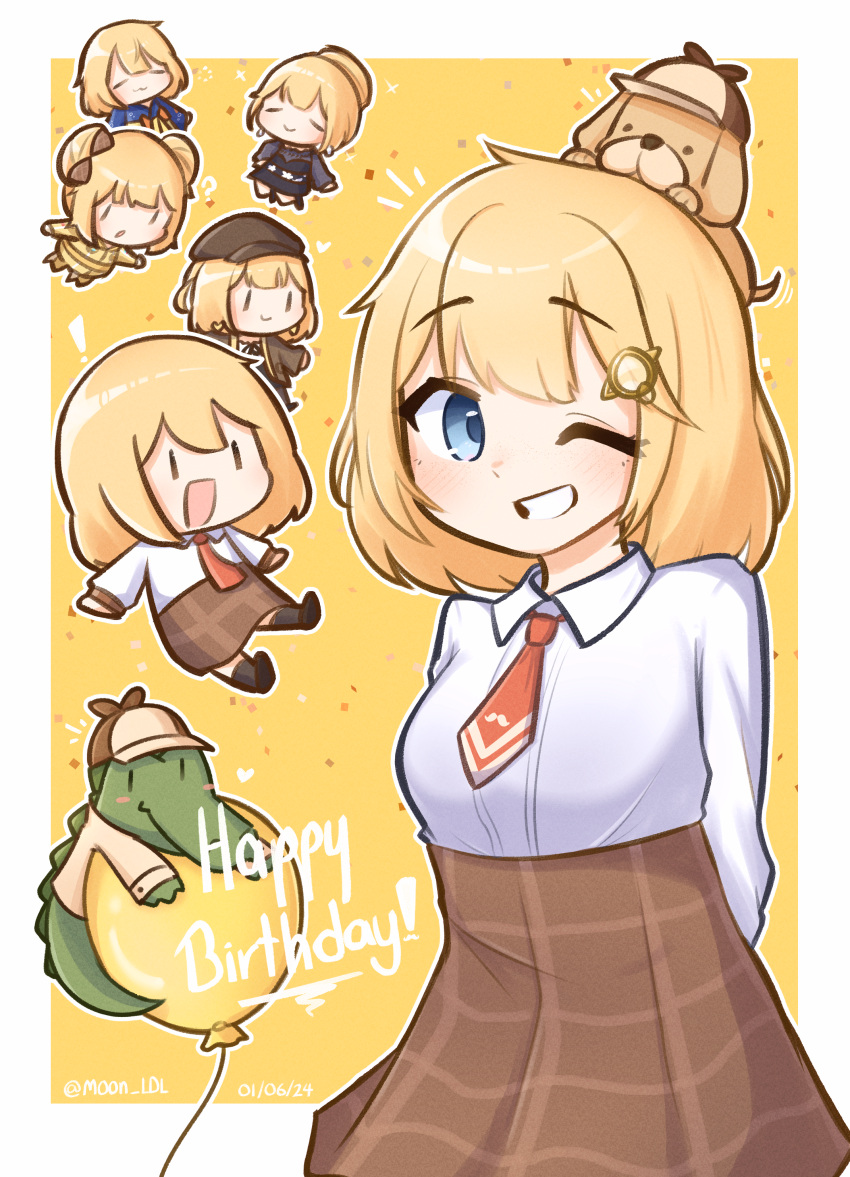 ;d absurdres animal_on_head arm_behind_back balloon blonde_hair blue_eyes bob_cut brown_skirt bubba_(watson_amelia) chibi chibi_inset collared_shirt commentary dated dog dog_on_head english_commentary grin hair_ornament happy_birthday high-waist_skirt highres hololive hololive_english investigator_(amelia_watson) long_sleeves moon_ldl multiple_persona necktie on_head one_eye_closed plaid plaid_skirt red_necktie shirt short_hair short_necktie skirt smile twitter_username virtual_youtuber watson_amelia watson_amelia_(1st_costume) watson_amelia_(3rd_costume) watson_amelia_(astronaut) watson_amelia_(new_year) watson_amelia_(street_casual) white_shirt yellow_background