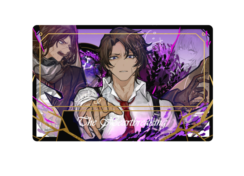 1girl 2boys brown_gloves brown_hair catherine_(project_moon) collared_shirt dark-skinned_male dark_skin english_text erlking_heathcliff_(project_moon) every_catherine_(project_moon) gloves heathcliff_(project_moon) holster limbus_company long_hair multiple_boys necktie nishikujic project_moon red_necktie shirt short_hair shoulder_holster violet_eyes white_shirt