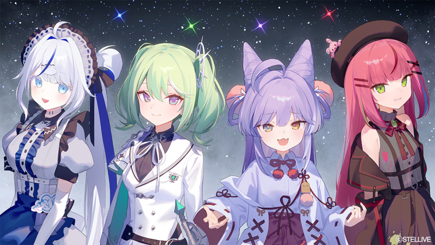 4girls ahoge ainy bare_shoulders black_skirt blue_eyes bow bowtie character_request choker dress green_eyes green_hair hair_between_eyes hair_ornament hairclip headdress japanese_clothes kimono long_hair looking_at_viewer medium_hair multiple_girls open_mouth purple_hair redhead skirt smile star_(sky) stellive sword twintails violet_eyes weapon white_choker white_dress white_hair white_kimono yellow_eyes