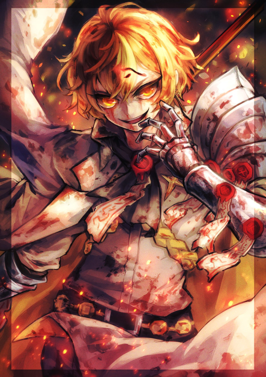 1boy armor blonde_hair blood blood_on_face choma0215 cowboy_shot fire gauntlets grin highres limbus_company male_focus project_moon short_hair sinclair_(project_moon) smile solo suit white_suit yellow_eyes