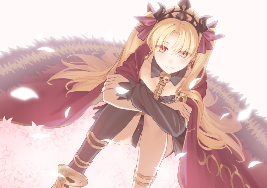 1girl absurdres asymmetrical_sleeves blonde_hair blush bow breasts cloak dress earrings ereshkigal_(fate) fate/grand_order fate_(series) fur-trimmed_cloak fur_trim hair_bow hair_ribbon highres hoop_earrings infinity_symbol jewelry koki_1009 long_hair looking_at_viewer medium_breasts open_mouth parted_bangs red_cloak red_eyes red_ribbon ribbon single_sleeve skull skull_ornament smile solo spine thigh-highs tiara two-sided_cloak two-sided_fabric two_side_up very_long_hair yellow_cloak